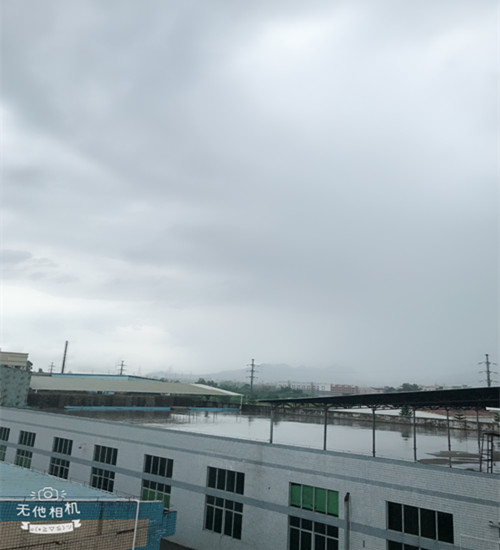 臺風貝碧嘉登錄啦，僑洋實業環形變壓器制造基地已是大雨傾盆。